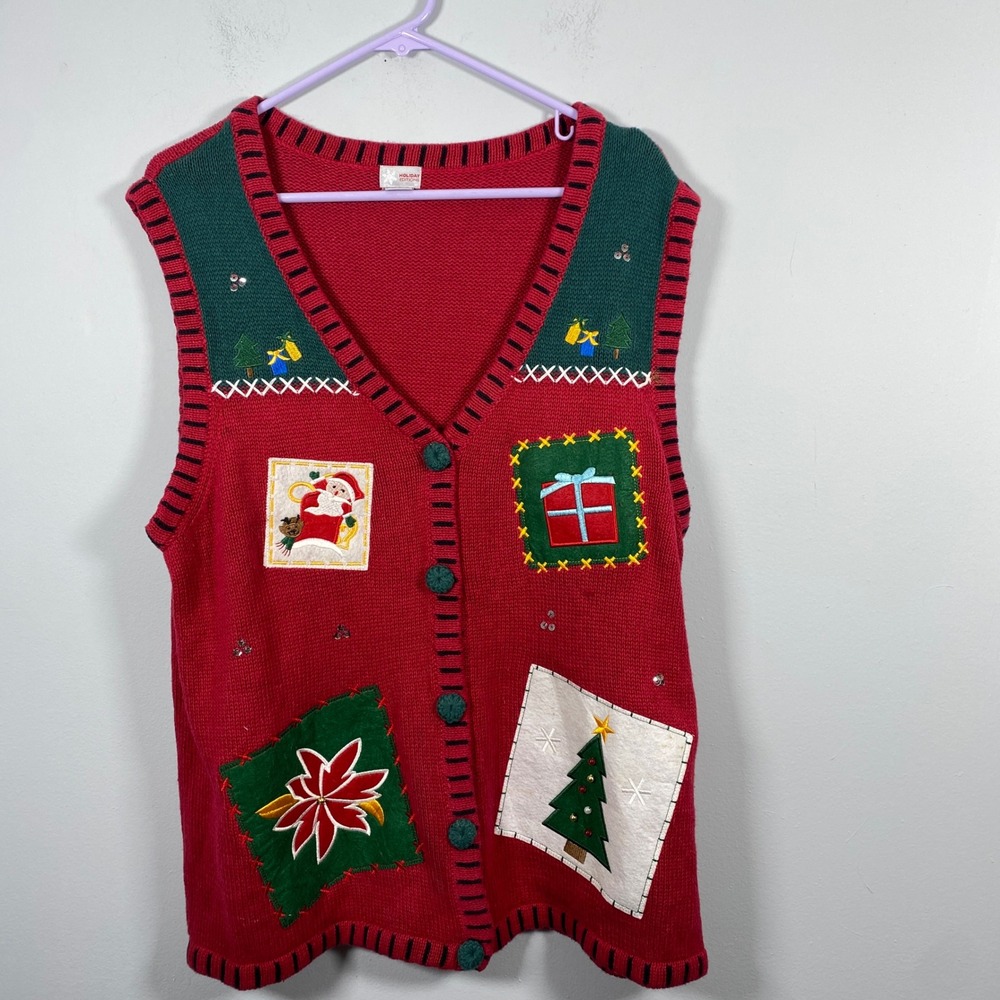 Holiday Editions Sweater Vest Women's XL Red Christmas Applique Sequin Patchwork